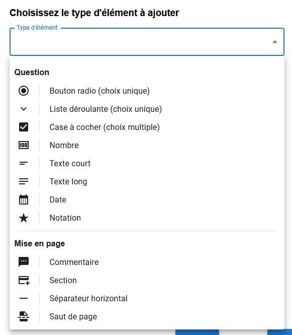 Capture d'écran de la création d'un questionnaire